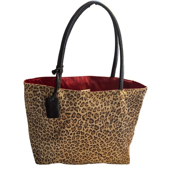 Neiman Marcus Tote Microfiber Suede Tan Brown Leopard Print Brown Handles Red - Picture 16 of 16